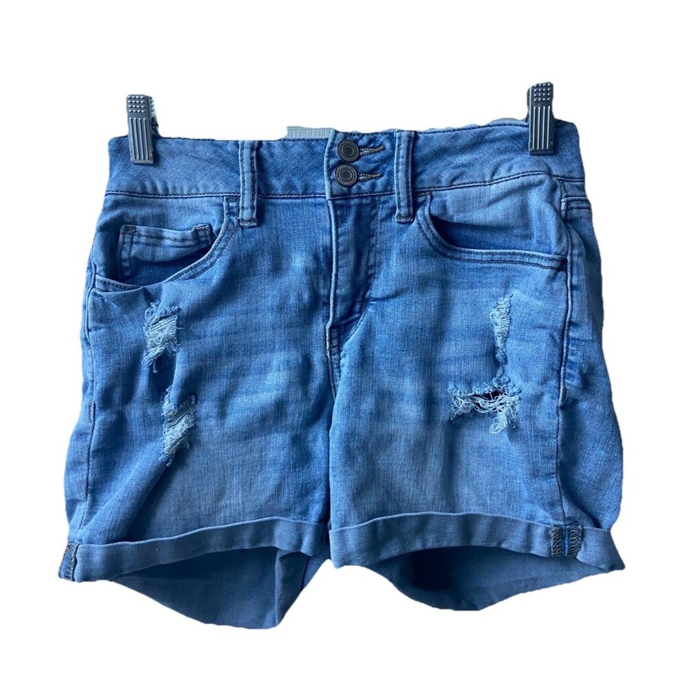 So Denim Shorts Womens 1 Blue Jean Destroyed Distressed Cuffed Double button